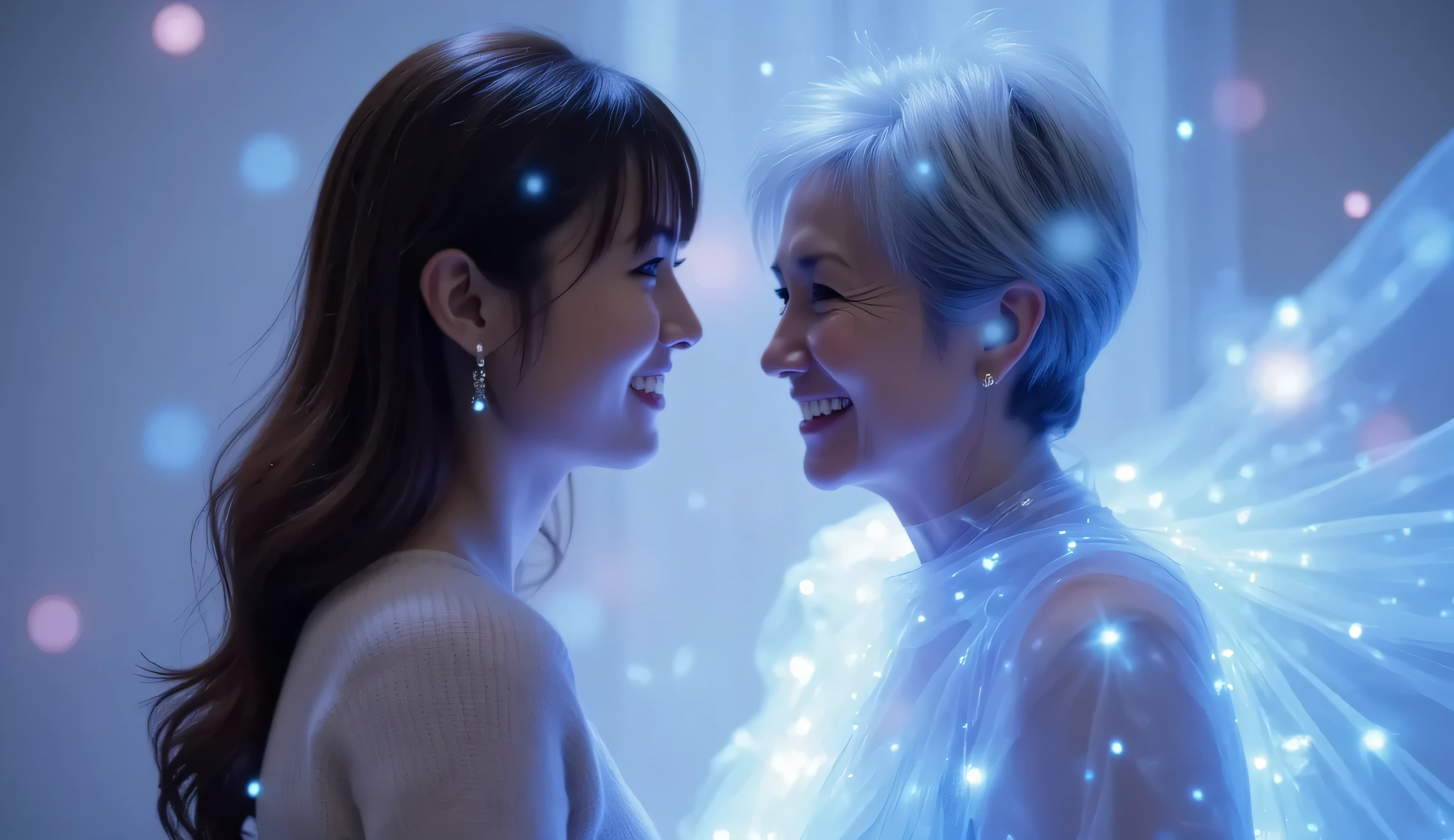 In a Metaverse virtual world, a young woman and a glowing, translucent figure of her old grandmother stand face to face. The grandmother, with soft, ethereal blue light radiating from her, smiles warmly at the young woman, who is smiling back. in Metaverse virtual Background a glowing trail of blue and pink light. The connection between the two characters evokes a sense of love and timelessness, merging technology and emotion.