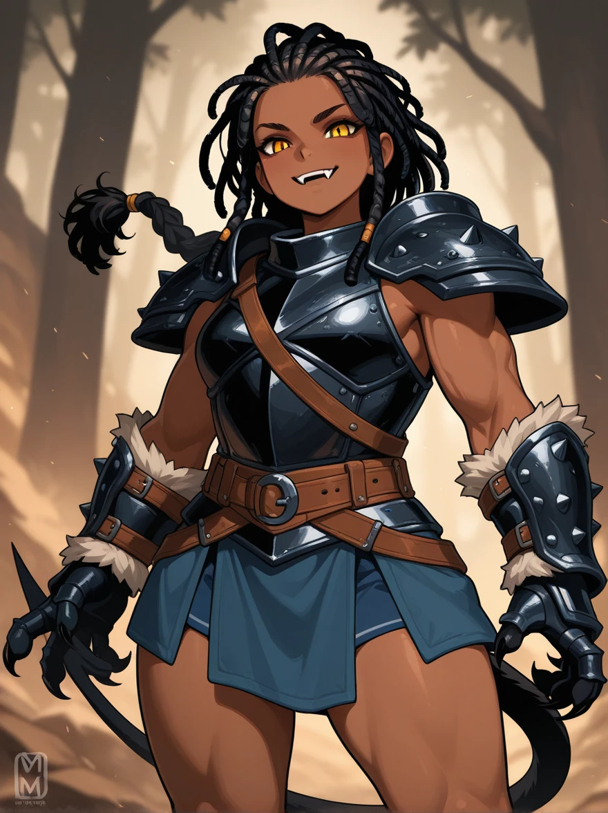 A young African warrior man from Wakanda with dark black afro brown skin with curly curly yellow hair and a fun look smiling amid a frozen lake in winter surrounded by forest in the snowy mountains wearing a medieval outfit RPG DND, put lynx ears on this man and lynx eyes