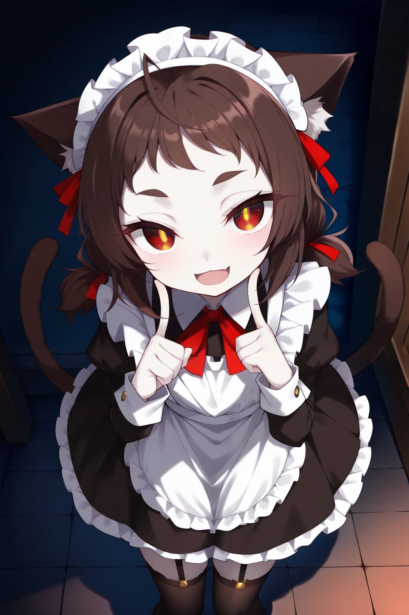 score_9, score_8_up, score_7_up, (dim, dark room, deep shadows, witch forest), pale skin, looking up at viewer, from above, (solo, 1girl, nekomata, red eyes, dark brown hair, low twintails, short twintails, very short bangs, cat ears, white fur inside cat ears), (((, thin, petite, short body))), (maid, maid apron, headdress, hair ribbon, long skirt, garter straps, thighhighs), zettai ryouiki, double finger to cheek, head tilt, ((two cat tails)), big eyes, cat eyes, eyelashes, lower eyelashes, (((gold pupils))), blash, open mouth, (evil smile)