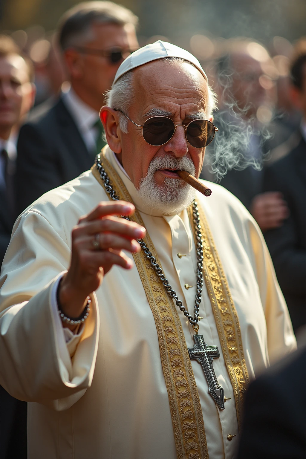 starý papež repující jako rapper s tenkou ručně ubalenou cigaretou v puse, v ruce drží mikrofon, do mikrofonu zpívá, duchovní kolem v sálu tancují hip hop