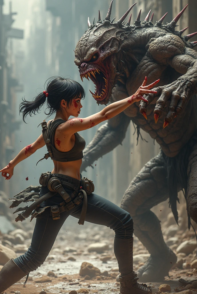 A terrified young girl runs from  a fearsome creature, suggestive, frontier life,full color photo, blood puddles, intense detail, anatomical, cinematic, dirty shed, underwear, tousled hair pulled back into ponytail