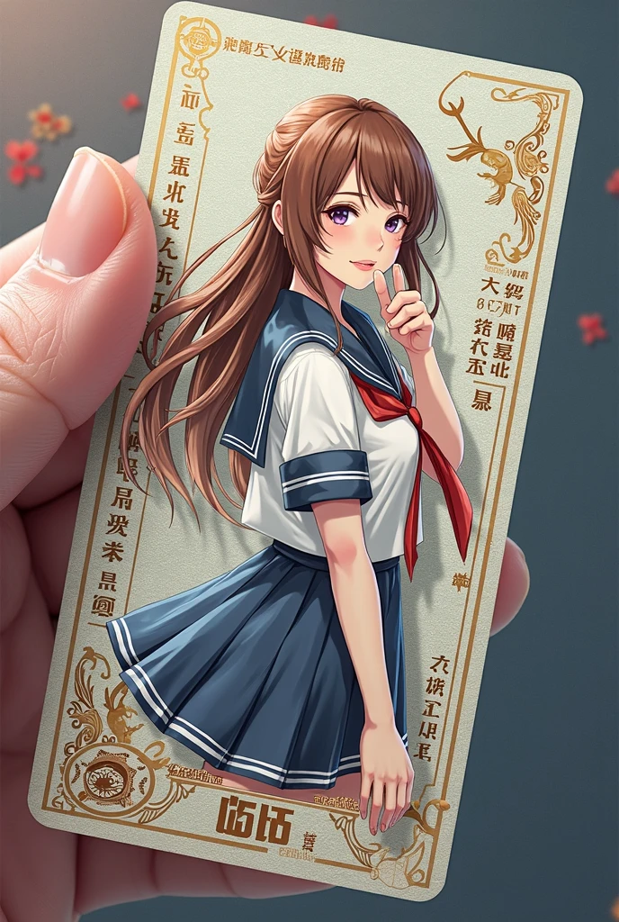 (score_9 score_8_up score_7_up:1.2), (source_anime:1.2), (ai generated:1.2), (Direct Preference Optimization:2.0), (Full Skin:2.0), (16k Cinematic Effect:2.0), (Full Face Detailed:2.0), (Incredibly Detailed:2.0), (Full Quality:2.0), (Foreshortening Effect:2.0), (Full Detailed:2.0), (Leading Lines:2.0) BREAK 1girl, cowboy shot, looking at viewer, uncensored, from behind, back, ass, anzuma_def, brown hair, blue eyes, hair intakes, short hair, blue bowtie, pink blazer, white shirt, long sleeves, pleated skirt, blue skirt, black thighhighs, holding yugioh card, yugioh card, hand up, large breasts, skindentation,lips, blush, open mouth, ;<, tundra, heat distortion, twilight sky, __colors__,