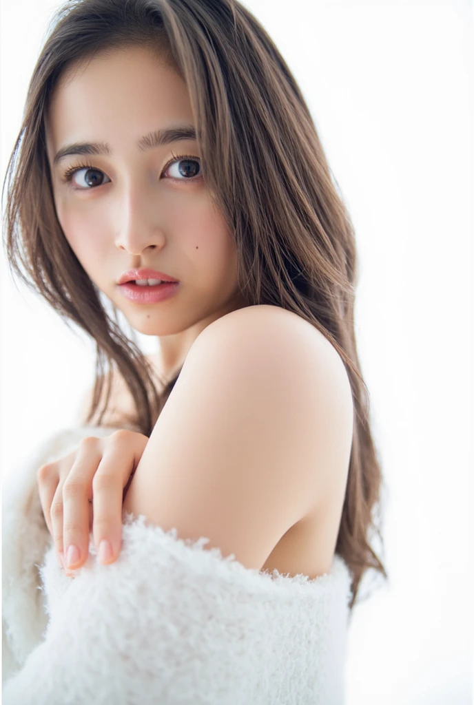 best quality, face focus, soft light, ultra high res, (photorealistic:1.4), RAW photo, 1japanese girl, 独奏, cute, Long Hair, Brown Hair, bangs, Shiny Hair, 分け目のあるbangs,