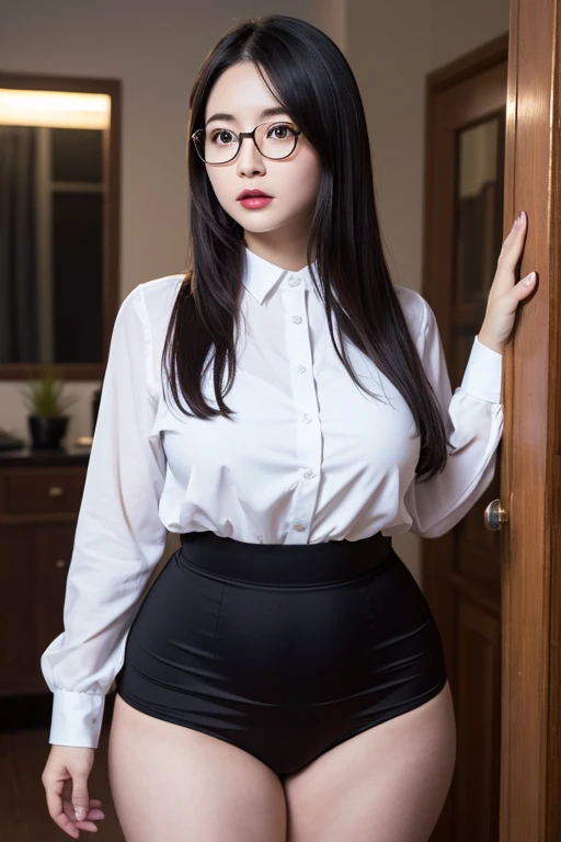 1 girl, female, perfect body proportions, Perfect face, attractive female, Masterpiece, beautiful details, Best Quality, long black hair, office uniform, glasses, tight pencil skirt, Beautiful thighs, 1 model, big breasts, White and soft skin, media, whole body, View from below, White uniform, View from below, wet and transparent clothes, visible chest, open your thighs