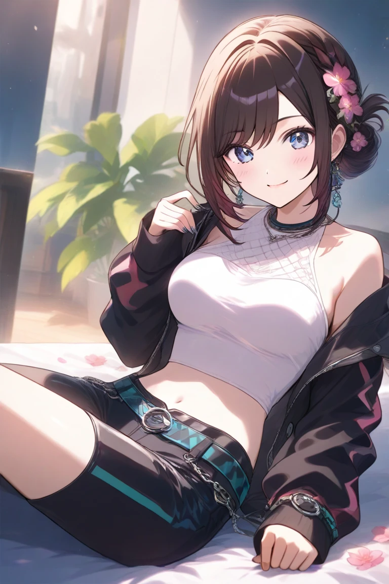 1girl, solo, summer, village, trees, sun, clouds, ((colorful hair)), ponytail, large full breasts, ((brown leather jacket)), brown leather shorts, ((blue bra)), nipples, blue eyes, skirt, smile, looking at the viewer, standing, hair ribbon, golden necklate