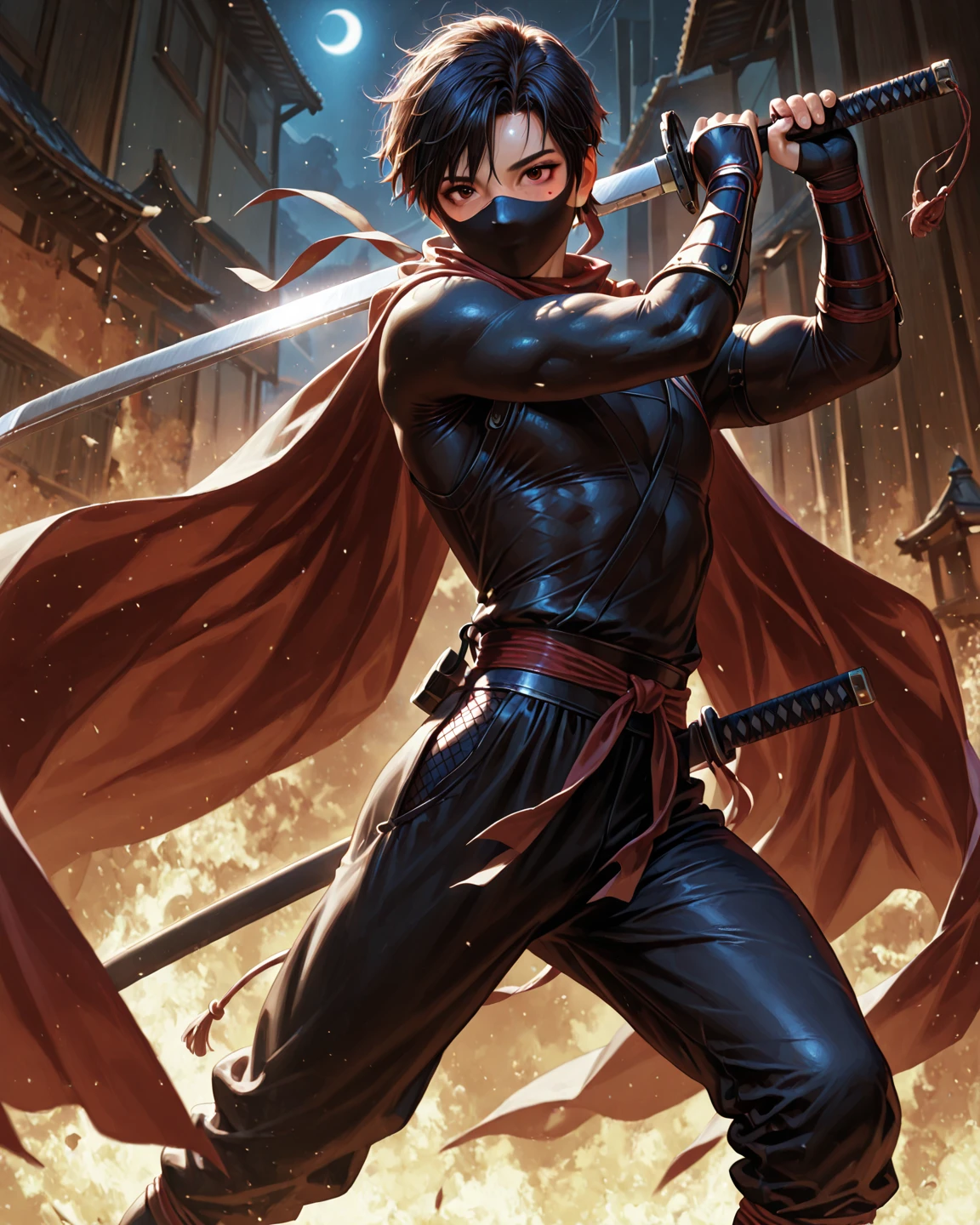 8K,Photorealsitic　Raw photography　top-quality;1.4) 　(One boy)　Super handsome　(Lifelike face)　Boy with Japan sword on his waist　Black and red samurai costume　Black and red trousers(Golden decoration)　Glowing red eyes glaring at you　超A high resolution　A hyper-realistic　real looking skin　enticing　Beautiful expression　Demon Hunter in Beast City　combat scene　Iai-slash　Red aura from the body(Red effect)