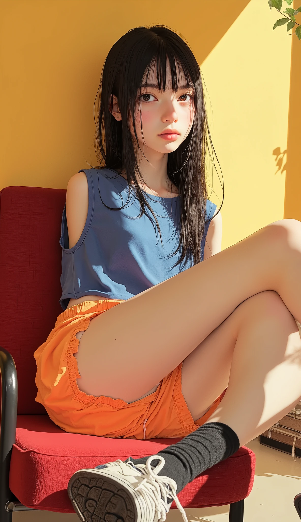 taken from an oblique top、casual pose, long straight hair, wearing a blue sleeveless shirt and orange athletic shorts, wear a blue sleeveless shirt and orange athletic shorts、indoor environment with yellow wall background, Sitting on a red chair, Dark sneakers, relaxed posture with legs crossed, natural light, warm and casual atmosphere