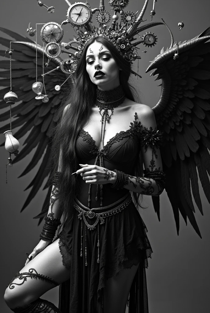 (tattoo style), (angel), (gothic), (dark), (horror), (Art Nouveau style), (neo-traditional tattoo style), (safe for work).