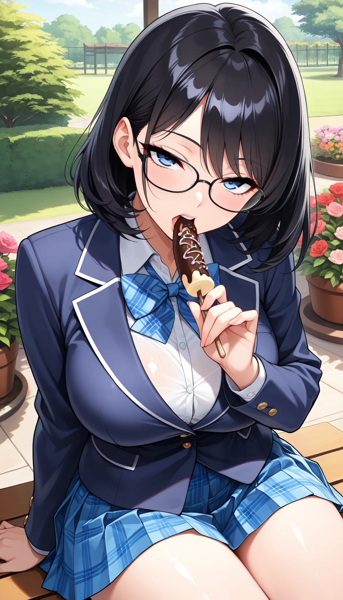 1 Beautiful Girl , HIGH SCHOOL GIRLS, (navy blue blazer, shirt, blue plaid bowtie , navy blue plaid pleated skirt, Chocolate banana in hand), prominent feminine features, Big Breasts, (Rolled Eyes , Open your mouth and suck), bob hair:1.2, glasses, black hair, beautiful shining eyes, glossy lips , very detailed目と顔, Long Lashes, face close-up:1.2, sexy, Sit down, garden, (Highest Quality:1.2,very detailed,CG illustration,masterpiece:1.2,best aesthetics),