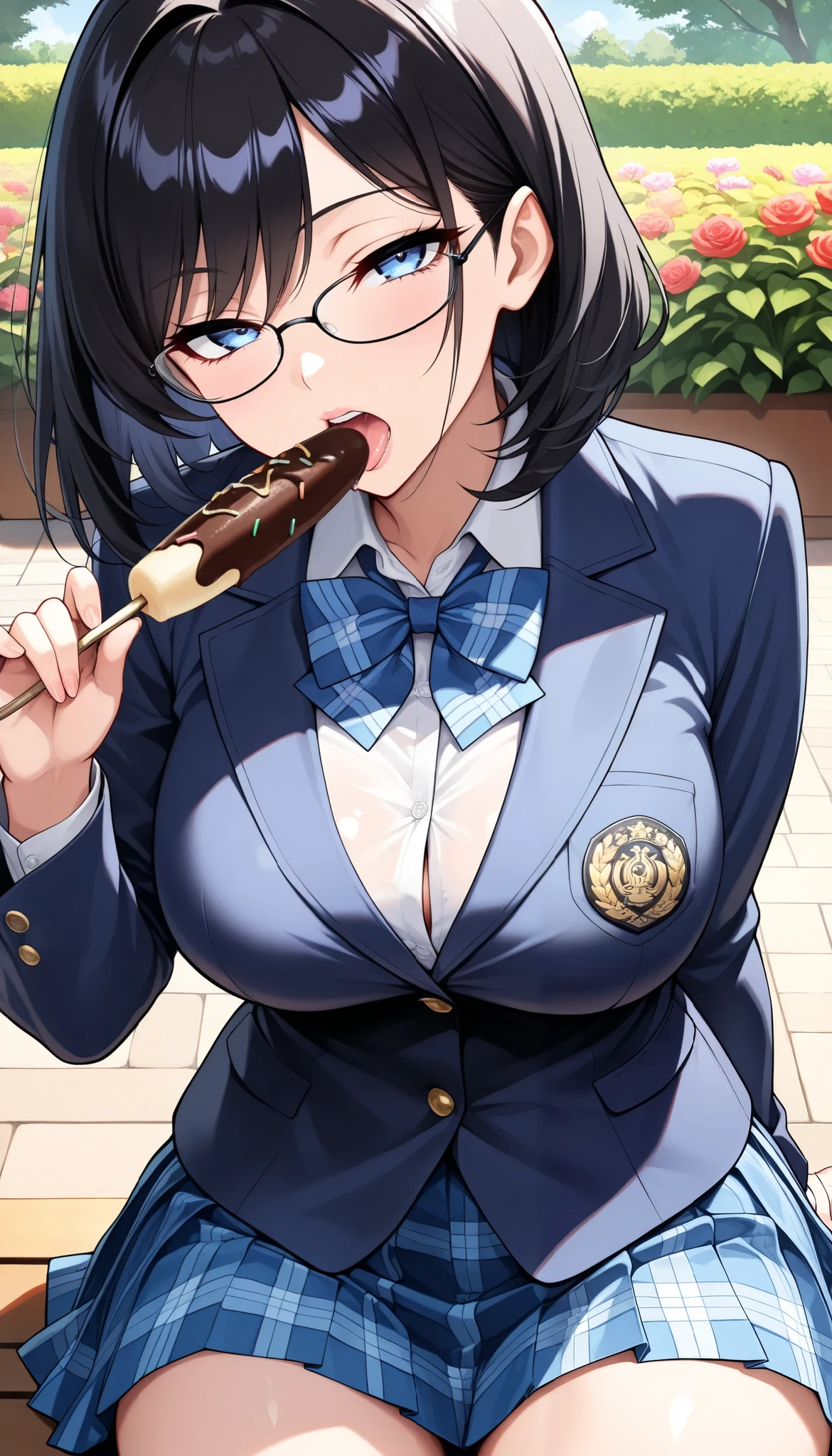1 Beautiful Girl , HIGH SCHOOL GIRLS, (navy blue blazer, shirt, blue plaid bowtie , navy blue plaid pleated skirt, Chocolate banana in hand), prominent feminine features, Big Breasts, (Rolled Eyes , Open your mouth and suck), bob hair:1.2, glasses, black hair, beautiful shining eyes, glossy lips , very detailed目と顔, Long Lashes, face close-up:1.2, sexy, Sit down, garden, (Highest Quality:1.2,very detailed,CG illustration,masterpiece:1.2,best aesthetics),