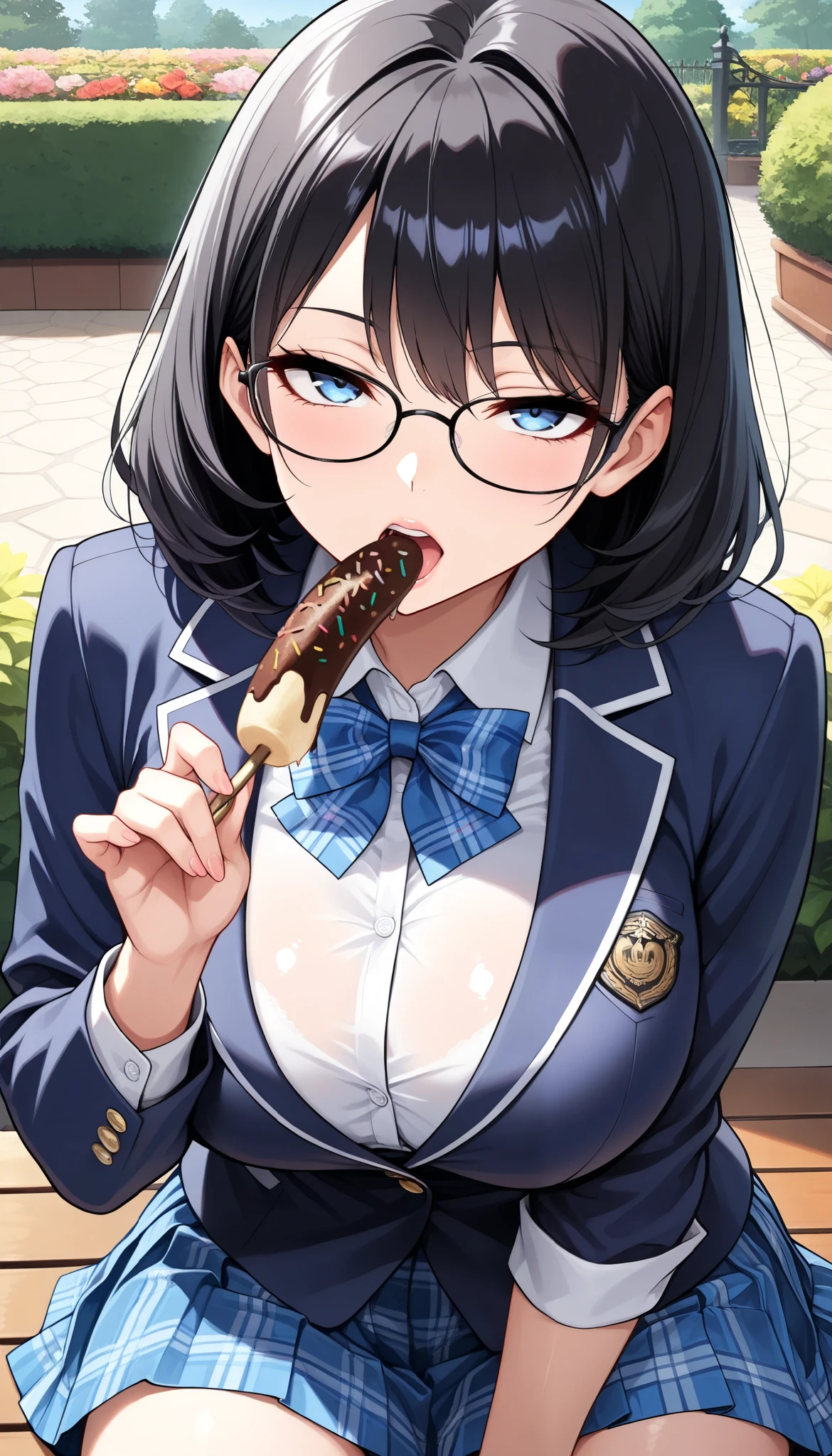 1 Beautiful Girl , HIGH SCHOOL GIRLS, (navy blue blazer, shirt, blue plaid bowtie , navy blue plaid pleated skirt, Chocolate banana in hand), prominent feminine features, Big Breasts, (Rolled Eyes , Open your mouth and suck), bob hair:1.2, glasses, black hair, beautiful shining eyes, glossy lips , very detailed目と顔, Long Lashes, face close-up:1.2, sexy, Sit down, garden, (Highest Quality:1.2,very detailed,CG illustration,masterpiece:1.2,best aesthetics),
