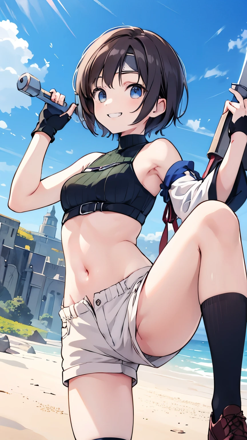(masterpiece:1.2), (highest quality:1.2), perfect eyes, perfect face, perfect lighting, desert, (((white bikini armor))), nsfw,　, 1girl, Black Hair, white eye, blunt bangs, short hair , Ahoge ,looking at the viewer, (fang), open mouth, ((((disdain)))), arms behind head,Large size, spread legs, abs,((grin)), (((Small breasts))), 