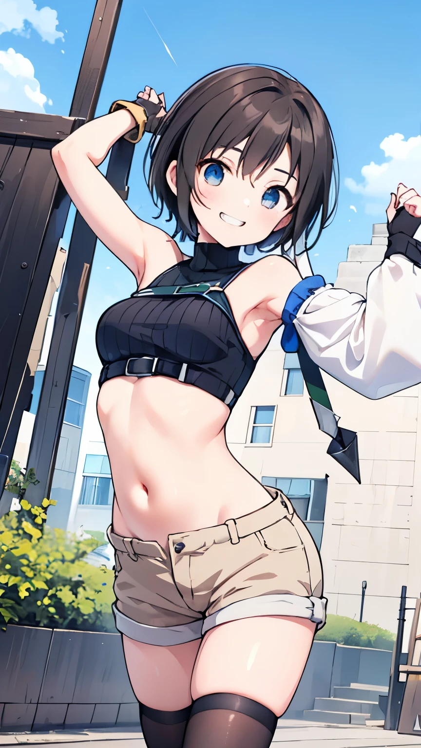 yuffiekisaragi, Yuffie Kisaragi,Haircuts, pixie cut,
very_young_teen, crop top, fingerless gloves, fishnet Thighhighs, fishnet, forehead protector, gloves, head band, belly button, short shorts, shorts, single sleeve, single thigh high, No sleeve, No sleeve turtleneck, Thighhighs, turtleneck,
bench、blue sky、smile, solo