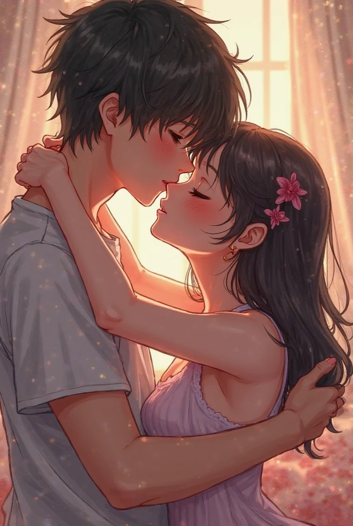 1 girl with open hair
And 1 boy
Boy touching Her boobs