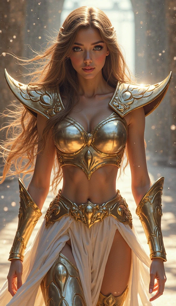 a beautiful young goddess athena, wearing a stunning white robe and shining armor, bathed in sunlight, ultra-realistic, 4k, hyper detailed, photorealistic, cinematic lighting, dramatic composition, glowing skin, piercing eyes, intricate armor details, flowing fabric, volumetric lighting, realistic textures, dramatic shadows, vivid colors, masterpiece