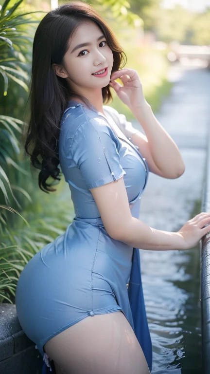 Beautiful sensual woman with a curvy body, long hair, bangs, french braid, wide waist, fitting breasts, curvy accentuated booty, sparkling eyes, long eyelashes, Strong calves, shy Look, taniaayusiregar, beautiful long flowing floral summer dress, sitting on a bench, small Mountain village, photorealistic, Masterpiece, bokeh, Volumetric lighting, summer atmosphere