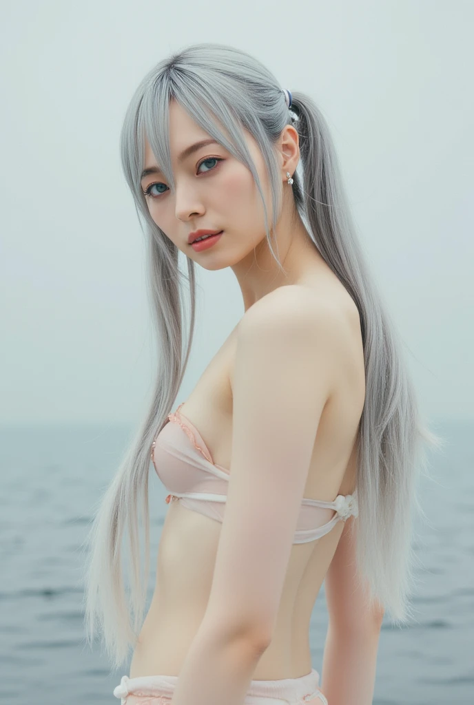 (high quality, 4k, 8k, High resolution, masterpiece:1.2), beautiful japanese woman, (complex colored silver hair:1.3), long wavy hair, asymmetrical bangs, thin eyebrows, big magic eyes, Finely moisturized eyes, smooth soft skin, pale pink lips, gentle smile, (pastel bikini:1.3), 美しいHigh resolutionの胸元, soft and plump breasts, 美しいHigh resolutionの太もも, midsummer seaside, The sea where the sun&#39;s rays are reflected, Beautiful transparent sea, professional lighting, professional photographer
