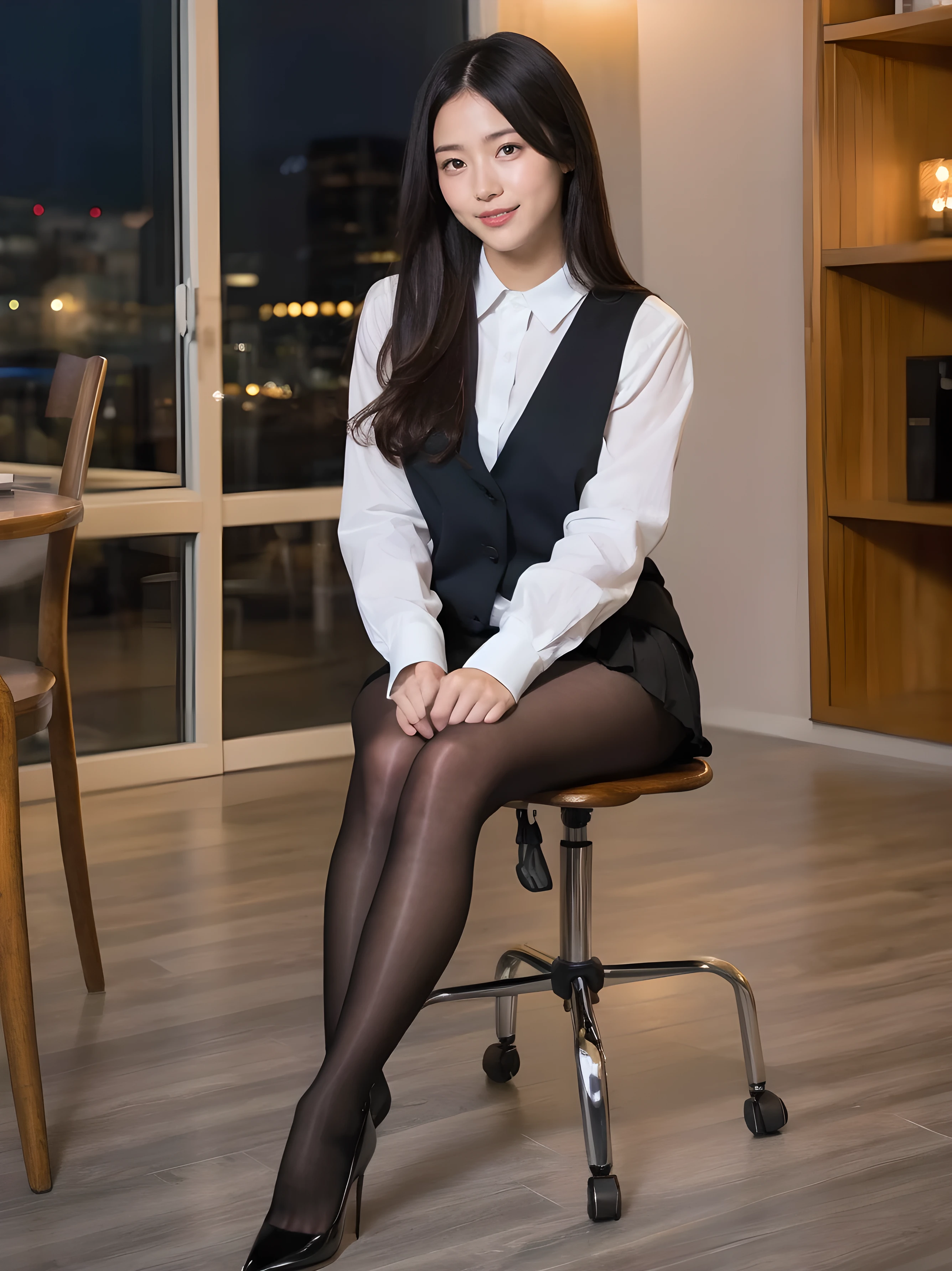 (Only one person), Pure Japanese young girl, outstanding body, beautiful legs, wearing formal business suits, (lace panty), high heels, vivid makeup and lips, thick eyebrows, formal black hair styles, sweet smile, secret temptation, professional portrait photography, sitting, lift up skirt, spread wide legs, soft sunshades,