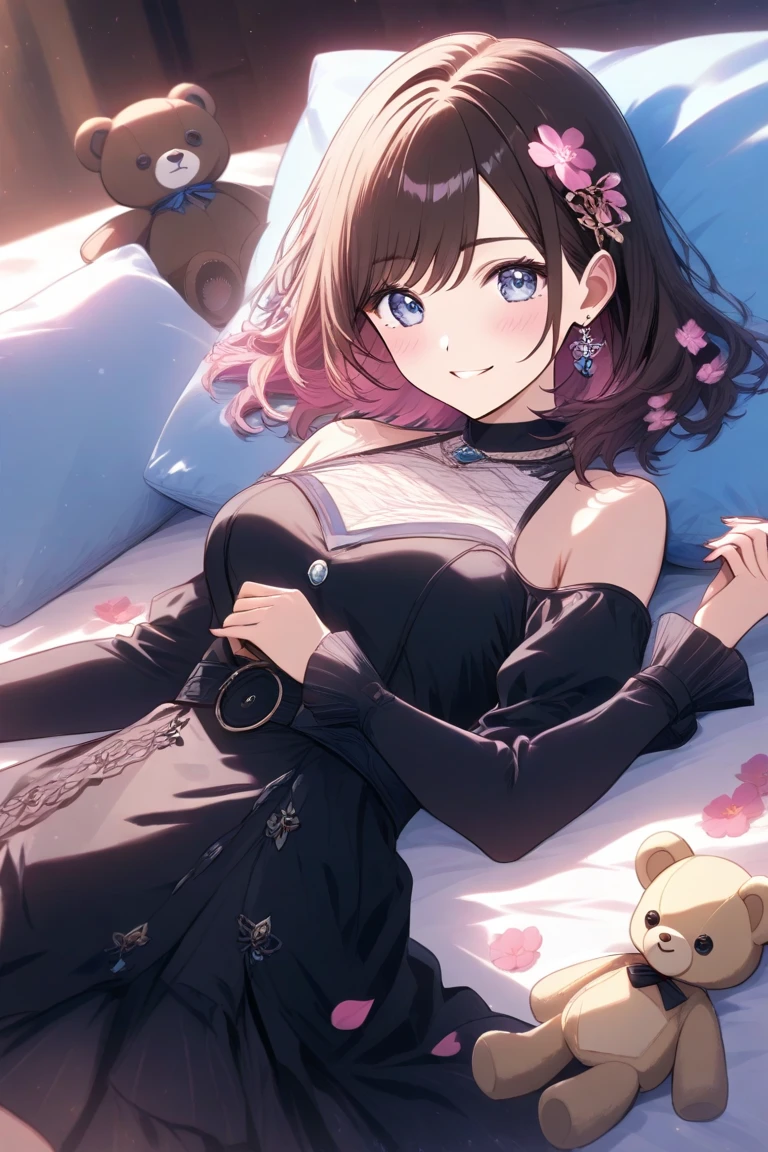 masterpiece, best quality, 1 solo girl, dark blonde hair, blue eyes, short hair, medium breasts, sexy body and face, wavy hair, smile, black socks, brown bow, knee-highs, long sleeves, open bra, open panty, parted lips, pink pleated skirt, puffy long sleeves, purple shirt, pendant, bracelet, jewelry, earrings, butterfly hair ornament, book, lying at the bed, night sky, sexy pose, cowboy shots, detailed body, face, and eyes, sharp focus, vibrant, creative, dynamic, high definition, high resolution, 8k, (Upscale: R-ESRGAN 4x+ Anime6mage enchance:4x), voluptuous body, cinema lightning, dakimakura style, looking at the viewer