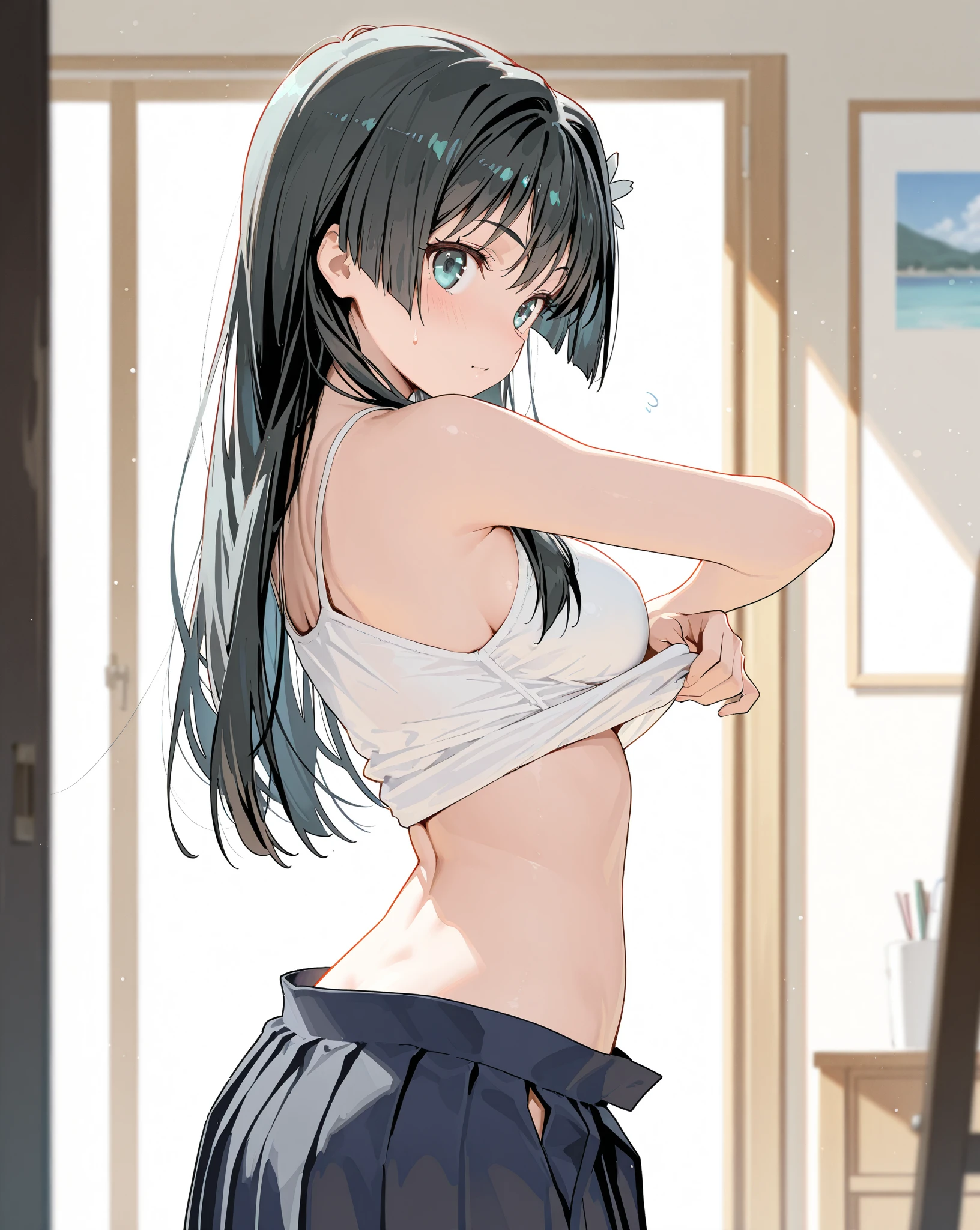 Highest quality, Super detailed, masterpiece, Ultra-high resolution, 8K, Embarrassing, blush, Lovely, Close one eye, With tears in her eyes and her mouth open, drooling, (arms behind head), wariza, (off-shoulder white shirt, micro mini skirt), cleavage out, crop top navel, 1girl, aragaki ayase, ore no imouto ga konna ni kawaii wake ga nai, medium breasts, Absolute area, Waistline, (Shower room, I take a shower)