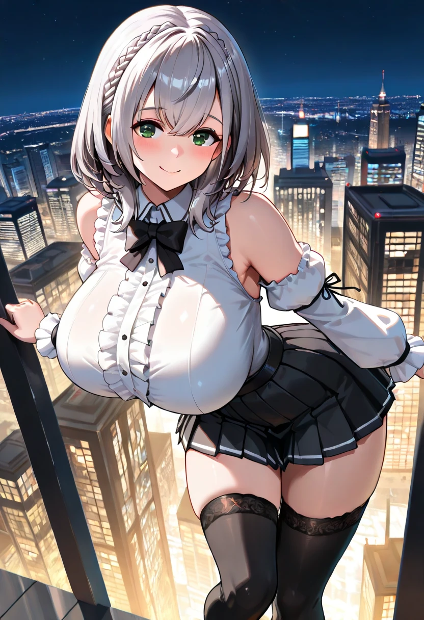 tmasterpiece, Best quality at best, Taupe eyes, greys, Prom hairstyle, Disturbed_face, Fair and rosy skin, mediuml breasts,thick thight, big breasts thin waist, view over city, looki at viewer, , Dutch angle,White sheer lace-trimmed panties,Semi-naked body, (link:1.5), legend of zelda, GS-Womanly