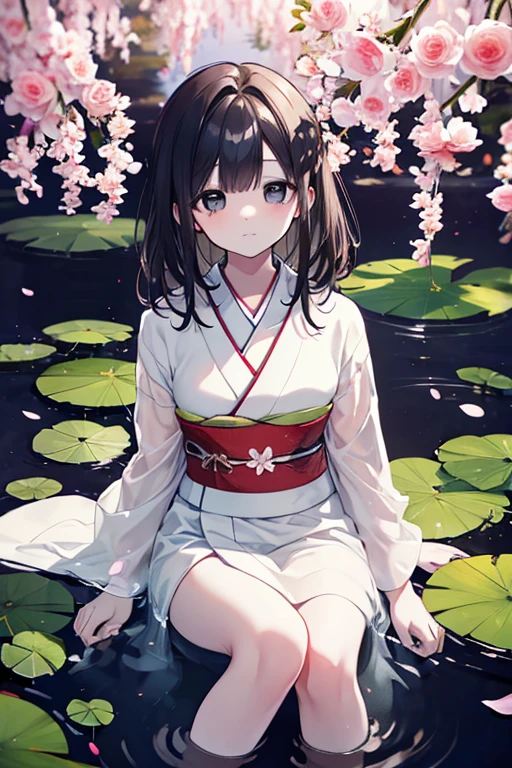 (asura art style:0.7), punctuation_9, punctuation_8_High above, punctuation_7_High above, punctuation_6_High above, no censure, princess peat black hair, side block, white hairband, Eyes red, break (work of art:1.2), best qualityer, high resolution, (detailedeyes:1.3), perfect lighting, (perfect hands, Perfect Anatomia), breasts big, a beautiful woman, kimono, bare one shoulder, Heart, sitting down, front viewer, Tori, flowers, Thu, fog, hand sHigh aboveport,