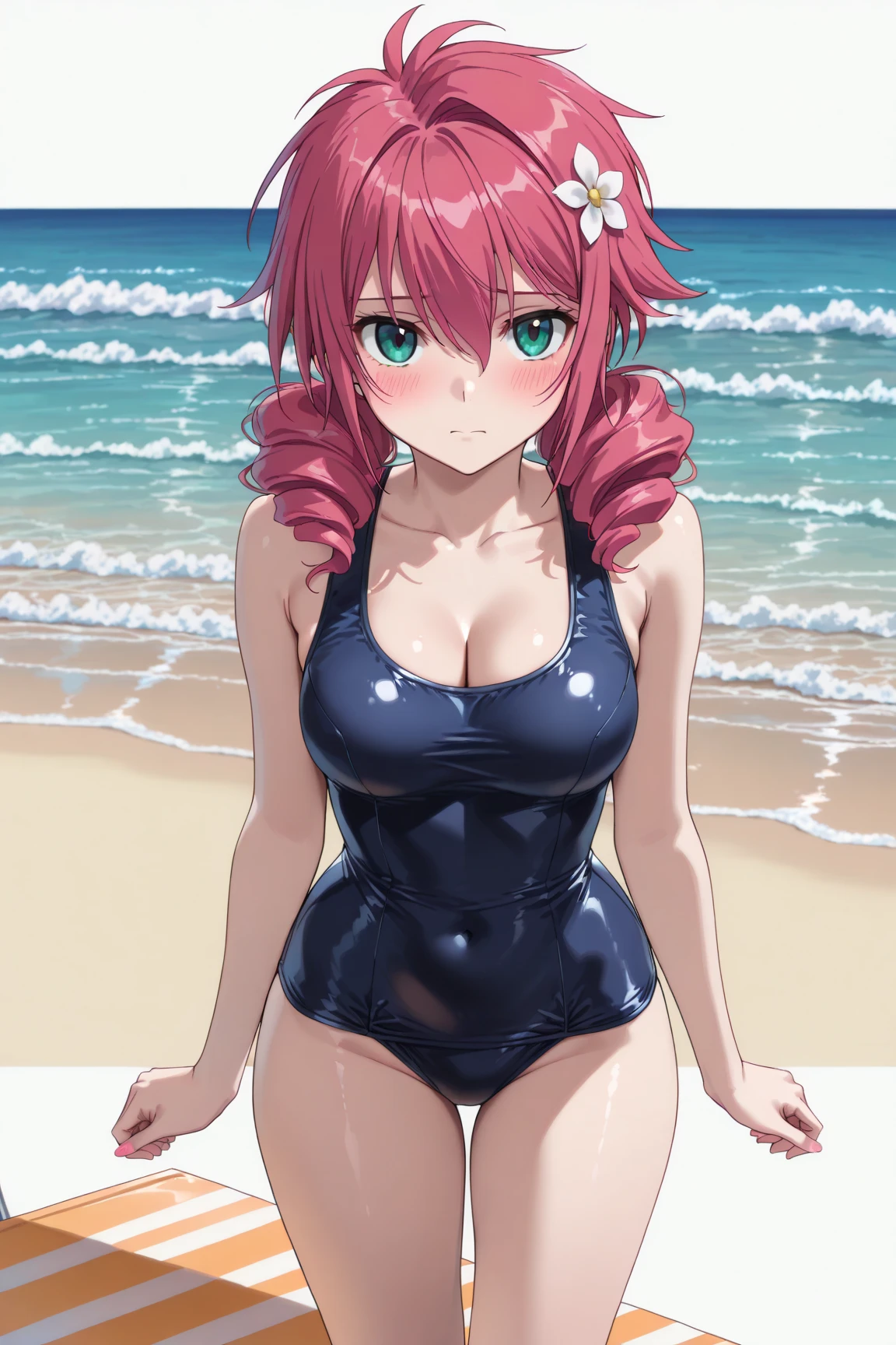 (masterpiece:1.5)、very detailed face and eyes、(Photorealsitic:1.2)、ultra-quality、animesque、charming anime girls、Smooth Anime CG Art、(((solofocus)))、1girl in、Angle seen from directly below、(((Competitive swimsuit)))、(((areola showing through)))、((The shape of the pubic area is clearly visible))、bare-legged、(((Sweat)))、((sodden))、(slender)、Teary-eyed、((is crying))、((One eye is closed))、((Put your arms behind your body))、red blush、embarassed expression、(((Leakage of urine from the genitals)))、((Excretion of urine))、(((Peeing)))、(((spread legs wide)))、Poses to show off、(((to close range)))、Open mouth、(((the beach)))、beach、outside of house、blue-sky、((firmament))、sunny sky、sunlights、(((Enlarge your face)))