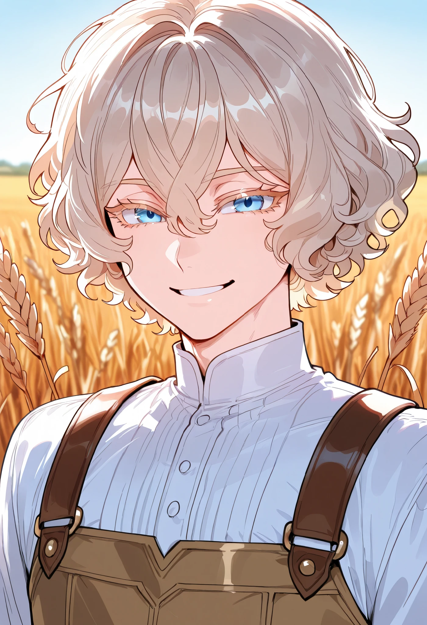 1boy, soft features, femboy, short hair, messy bangs, wavy hair, blonde hair, colored eyelashes, blonde eyelashes, blue eyes, smiling, wheat field