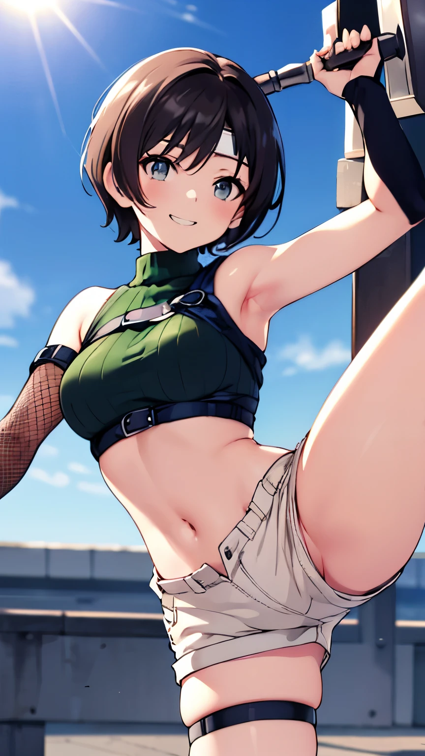 yuffiekisaragi, Yuffie Kisaragi,Haircuts, pixie cut,
very__teen,p top, fingerless gloves, fishnet Thighhighs, fishnet, forehead protector, gloves, head band, belly button, short shorts, shorts, single sleeve, single thigh high, No sleeve, No sleeve turtleneck, Thighhighs, turtleneck,
bench、blue sky、smile, solo