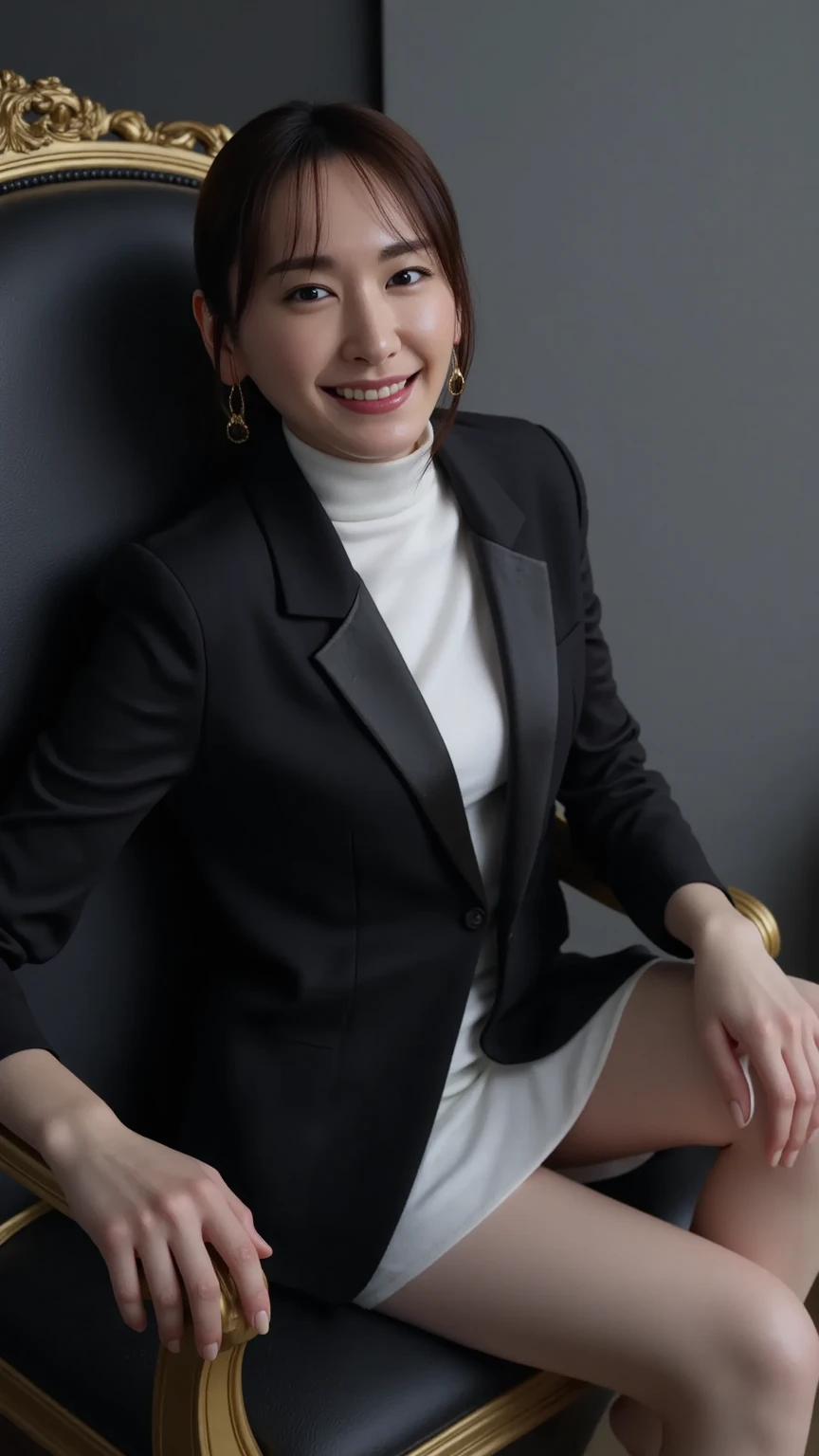 ((Highest quality)), ((8k)), ((masterpiece: 1.3)), (Perfect appearance), (Photorealism: 1.6), (RAW Photos:1.2), (Photorealistic), (Genuine:1.4), (KE), (JMA), One Japanese woman, 60 years old, Perfect Anatomy, ((Realistic skin texture)), (Fine wrinkles appear all over the skin: 1.3), (Dullness: 1.1), (Unmoisturized skin: 1.2) , (Facial wrinkles: 0.9), (Wrinkles around the eyes: 1.2), double eyelid, Lower eyelid tear trough, The eyes are looking here, (Dimples: 1.2), BREAK(Red lips),BREAK 短い前髪, short hair, (Blonde Hair), (Smooth Hair), Lips open, Open mouth and smiling with the corners of the mouth turned up, Sexy Cocktail Dresses, pumps, Small breasts, Small breasts, Flat Chest, (Slimming), (whole body), View from the feet, business suit, ((Sitting in office chair:1.3)), (Ultra-realistic pantyhose:1.2 (High heels),
