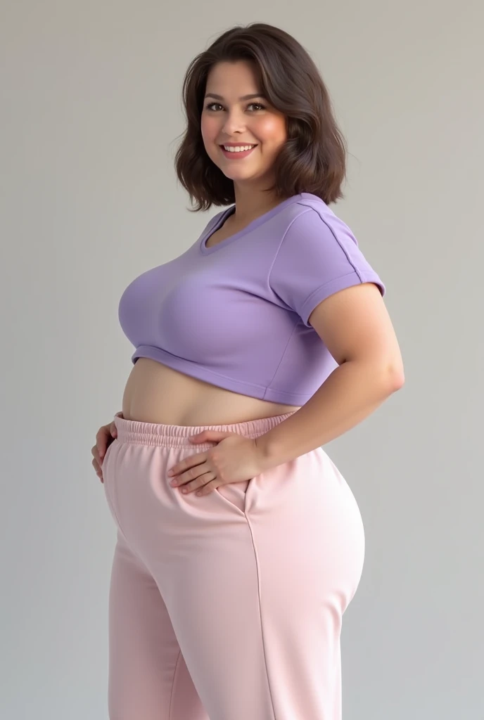 Japanese, mature, (alone), 60 years old, (Wrinkles around the eyes:1.2), Soft big breasts, Mature Woman, Super big , Glamour, Sexy, Watching the audience, Extra large breasts、A woman wearing a grey top and purple shorts posing for a photo, Cutting tops, Grey Shirt, usando Cutting tops, Wearing crop tops sexy, Exposed belly, Crop top, Fits a fuller figure, 62 year old female model, Tight shirt, Wearing crop tops, Wear a cute top, Wearing crop tops, Wearing a torn cut-out T-shirt, Whipped body, Low-rise pants, (Shallow inseam),