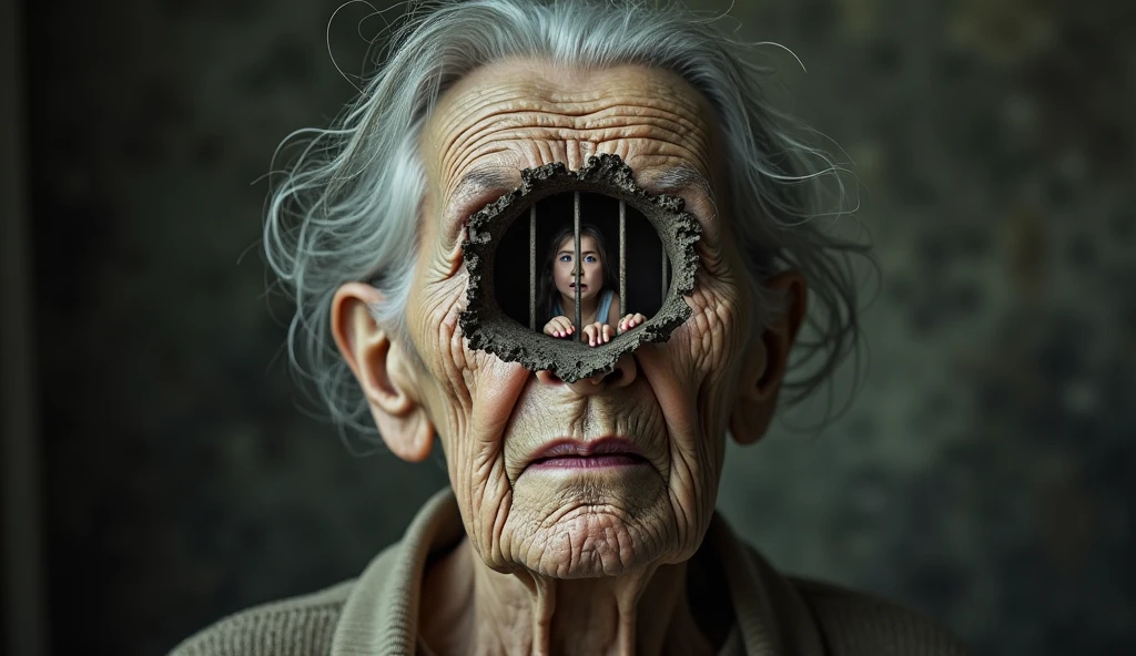 A surrealistic portrait of an old woman with a face full of wrinkles ...