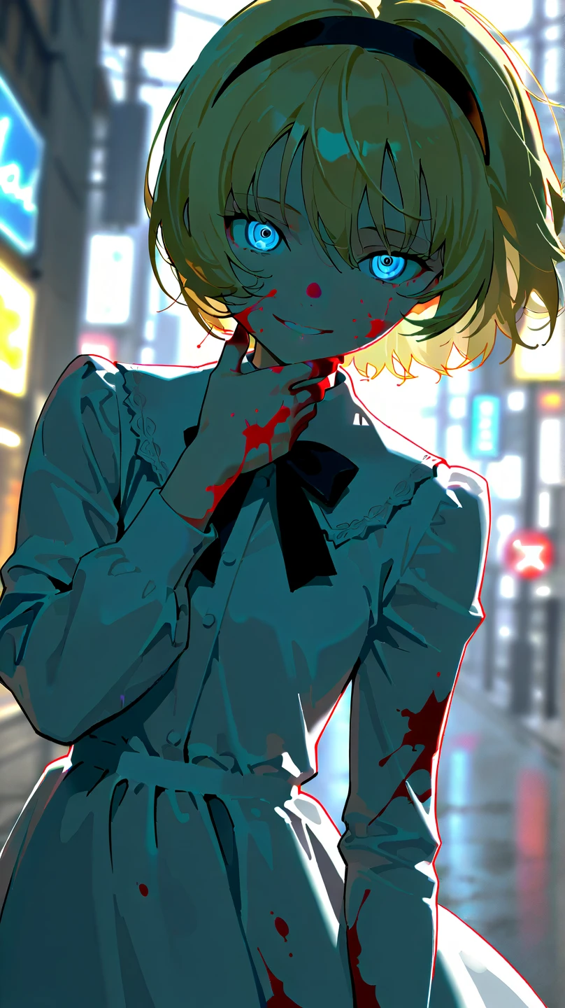 masterpiece, best quality, looking at viewer, facing viewer, bare legs, 1girl, solo, upper body, bow, disgusted face, night time, dark city street , overly long sleeves, hands in sleeves, blood tears, blood marks, dark corner, blood splattered on the ground, red bright light, yellow glowing eyes, holding knife, creepy smile, crazy eyes, laughing, holding knife, heart shaped eyes,1girl, solo, insane, crazy, closer view, looking at viewer, blood, knife,pupils, ((yellow and black colors)), ((yellow and black palette)), (((noir))), (((noir style)), sitting, crazy laughing, glowing blue eyes, insane face, corner of wall background, holding knife, blood on knife, wearing school uniform, reaching out, yandere, stab wounds, raining,