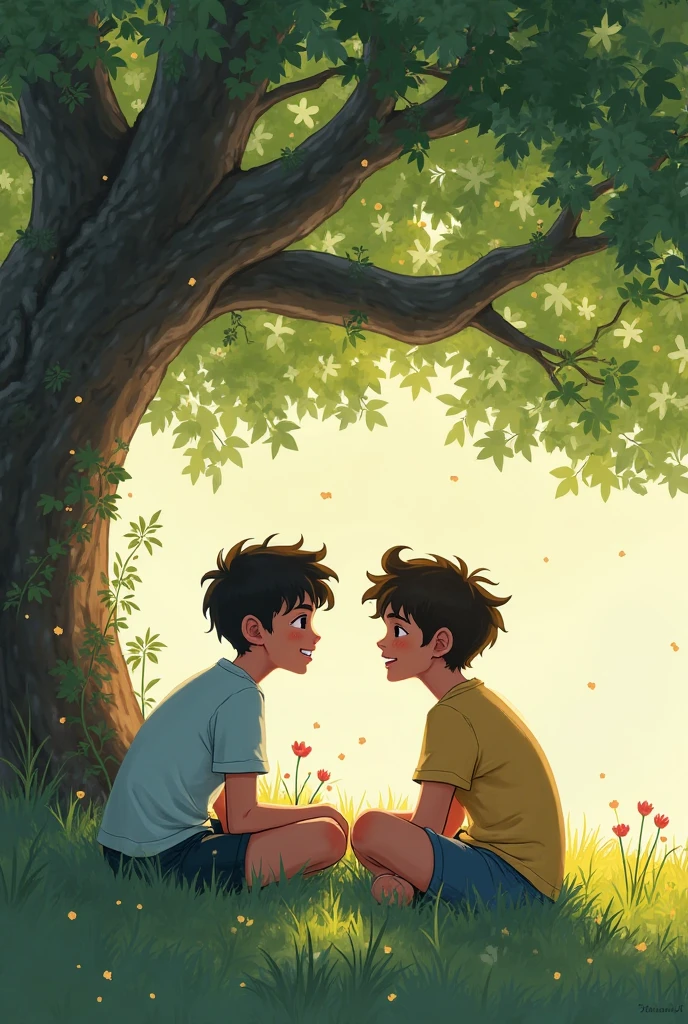 create an image with two boys on a bench. a taller one sitting with short black hair and tan skin sleeveless shirt and shorts. lying with his head in his lap is the other thin, smaller boy with fair skin and messy, curly brown hair, wearing plaid pants and shirt. the two have their hands on each other's heads, getting closer to kiss each other on the mouth. the scene is a mountain with trees around it. use references from yaoi manhwas imitating the watercolor style.
