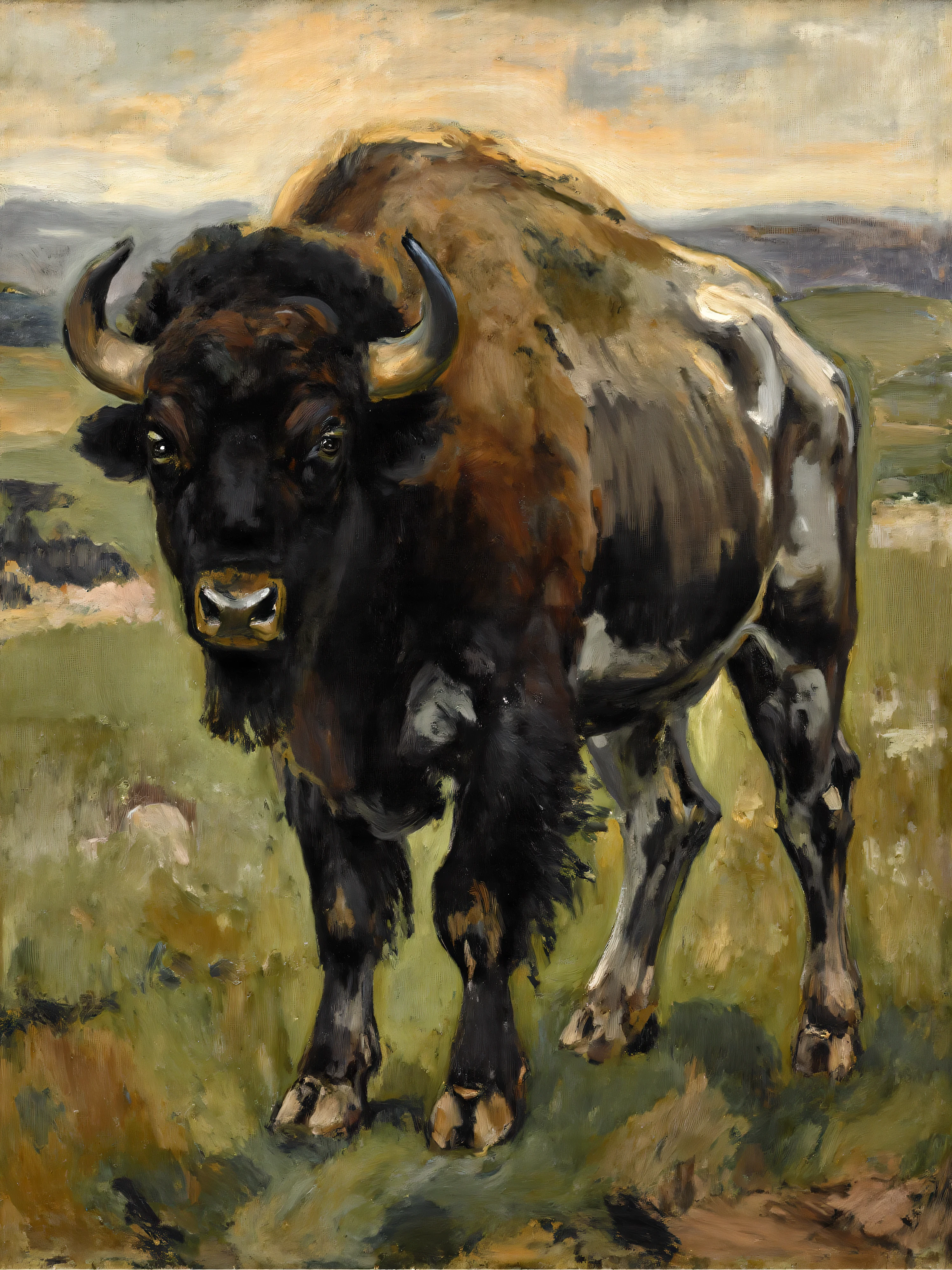 16th century style oil painting, front light, classic animal painting, realistic, thick brush strokes, blacks, whites, greens, dramatic, a bison, grasslands, focus on eyes, looking at viewer,