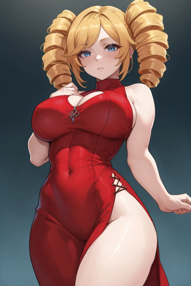 Woman, adult, short voluminous white hair with yellow tips, red eyes with yellow, アニメ, short red dress, big boobies