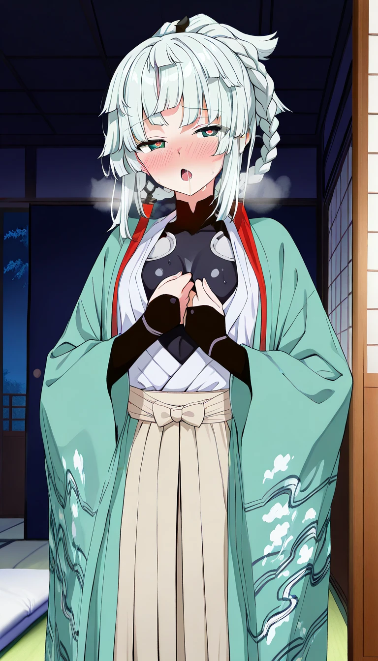 masterpiece, best quality, textured skin, beautiful detailed face, beautiful detailed eyes, beautiful detailed pupils, absurdres, beautiful detailed girl, looking at viewer,
(1girl,solo:2),
<lora:akidra-01:0.8>
(high_ponytail,no_pants,black panties,long sleeves,red sleeves:2)(japanese clothes, very long hair, hairband,headband,head wings, purple eyes, gem, blue hair, grey hair, skin tight shirt, sash, white kimono with short sleeves, white_long_skirt, black fingerless gloves,white boots, thigh boots,zettai ryouiki:1.5)
(sweat,steam,wet clothes:2),
<lora:breastsizeslideroffset:0.5>,