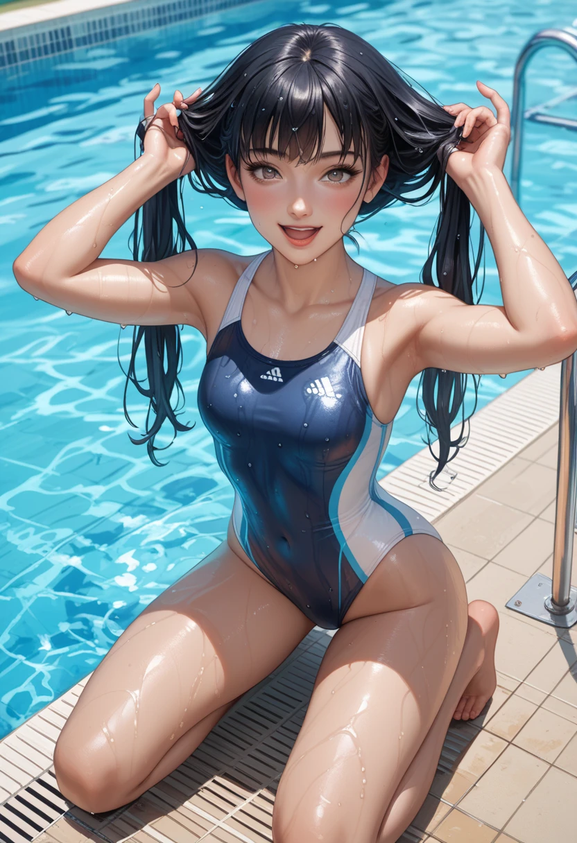 Absurd, Super detailedな,(In 8K:1.3),Masseter muscle area,(masterpiece:1.2)、(Highest quality)、4K、Super detailed、(Movement Structure:1.4)、(Shining Lights、Atmosphere lighting), High resolution, Best Quality、(One girl:1.4),Super detailedな,Bright colors、Treebreak Production Art、(Warm color light source:1.2),High-level image quality、Fine image quality、Intricate details,Volumetric Lighting,Realism BREAK、Profile、 Idol face、15 years old、Very beautiful face and eyes, Beautiful images、 natural make up、puffy eyes、catchlight eyes、deep detailed eyes、 (Small breasts:1.2)、(glossy skin :1.5), (light blue hair,short hair、blunt bangs、ponytail、wet hair), (Be embarrassed:1.4), (A school swimsuit with a vivid texture:1.3), (super wet skin:1.2) 、(Breast bag)、 (School swimming pool),(Baby Face:1.5)