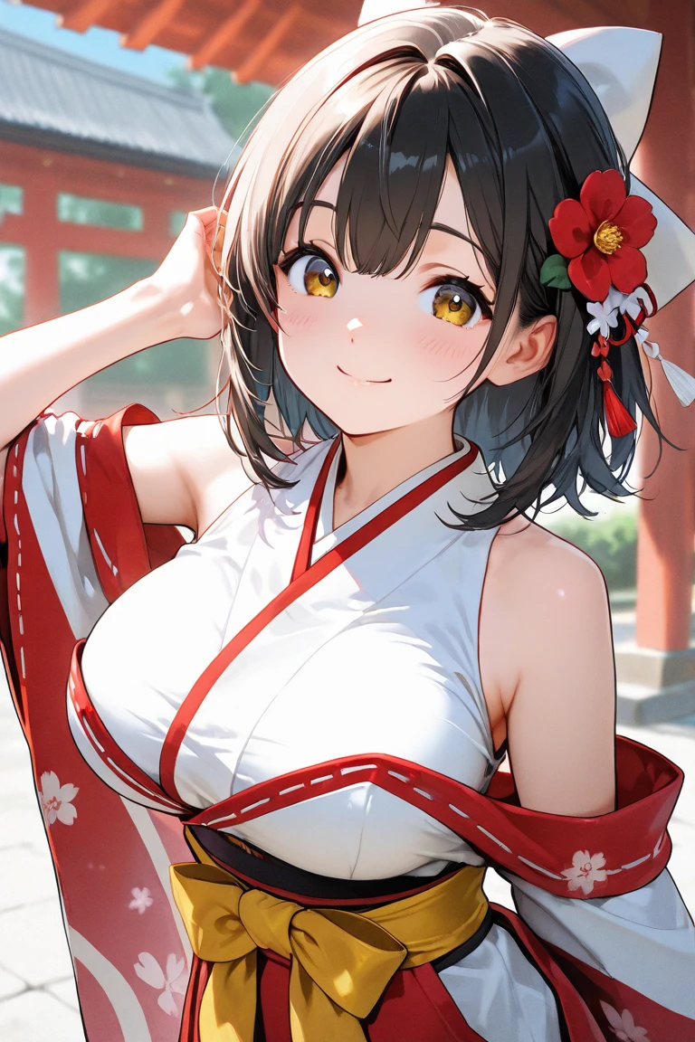 Wear goggles on your head、big breasts、Hair color is black and short cut、eyes are big、She is wearing a shrine maiden costume.、modern anime style、anime style illustration、digital anime illustration、