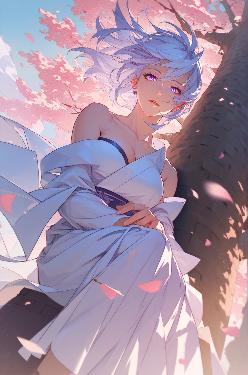 (Close-up image:1.4)((masterpiece:1.5,Highest quality,Beautiful images、2.5D、Abstract、Artistic、Watercolor))(One girl, 独奏)(Cute Girls、large breasts, Gray Hair、short hair、Beautiful breasts、Beautiful breasts cleavage),(profile、Look at an angle、shake your head、Sad look, Floating Hair、Backlight)(Plain background:1.5)((Dynamic Angle:1.5)). (kimono、Off the shoulder、sexly). ((from side))
