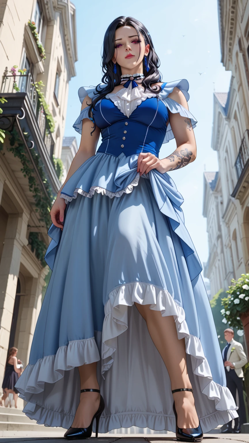 Best quality, masterpiece, ultra high res, raw photo, beautiful and aesthetic, deep shadow, fairy theme,(ultra detailed:1.3),
1girl, sexy pose, headdress, (beautiful face, detailed eye, embarrassed), drill hair, long hair, blonde hair, gradient hair, yellow eyes, solo, (busty breasts, gigantic breasts:1.1), big hair, blue hair, divine goddess, looking at viewer, indoors, modern bedroom, room full of curtain, astraea, full body, Sea Shell Bowknots dress,frilled dress,painting \(medium\),