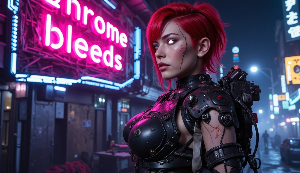 fking_scifi_v2, long shot of a cyberpunk beautifull girl, red metal plating, 50mm, f/1.4, dof, bokeh, depth of field, hd, photo realistic, HDR