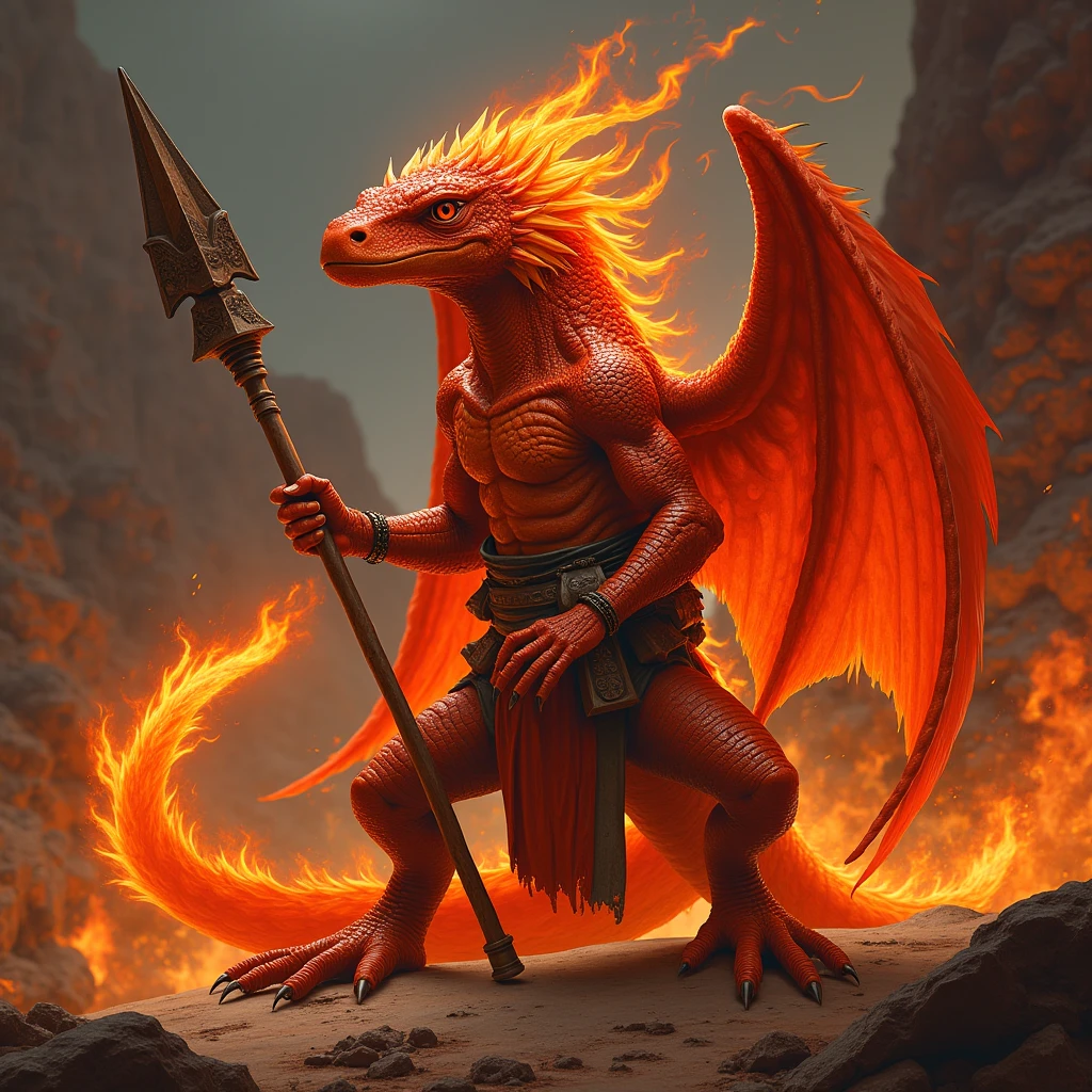 (best quality,highres,realistic),flaming fire elemental,blazing salamander, intense lighting, stunning illumination, ultra-detailed, vivid colors, fiery orange tones,elegant composition,strong contrast,masterpiece