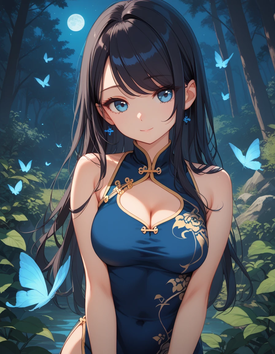 Woman, brunette, blue eyes, tropical. Friendly expression, defined muscles. Long, black, lace hair. Big breasts, Size H, marked abdomen. Full lips. Small armor. In a forest. Tanned. Suggestive neckline.