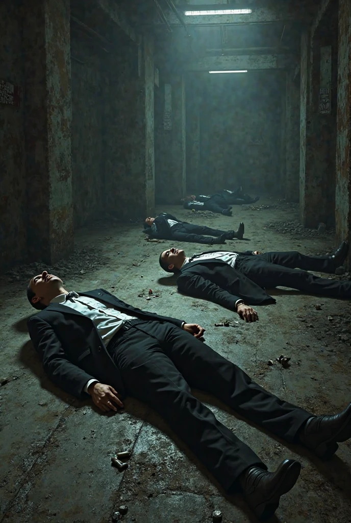 Make a scenario, a dark room with several bodies and bullets and knives on the floor, In the middle of the room, an empty space