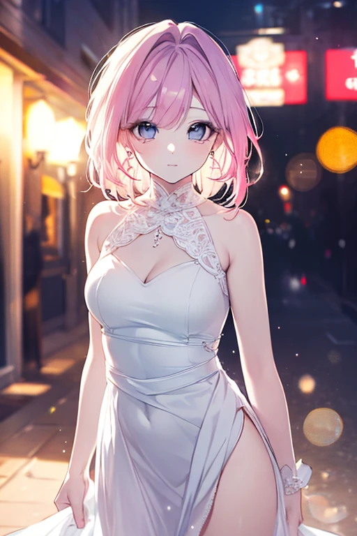 ((Sexy dress, high waist mini skirt)), skindentation, skinny, solo, 1 woman, Masterpiece, highest quality, highest quality, 16K, incredibly absurd, highly detailed, 2.5D, ai-generated, delicate and dynamic, very delicate facial expressions, delicate eye depiction, erotic, only sexy woman, healthy figure, 25-year-old woman, bride, 160cm tall, medium firm swaying bust (short hair), (pink hair:1.5), bob cut, black eye, sexy, ((thin thighs)), (Erect nipples:0.8), (visible nipples:0.8), (camel toe:0.8), ((shiny and lustrous)), facing straight at viewer, smile, (standing), cowboy shot, (arms behind back),