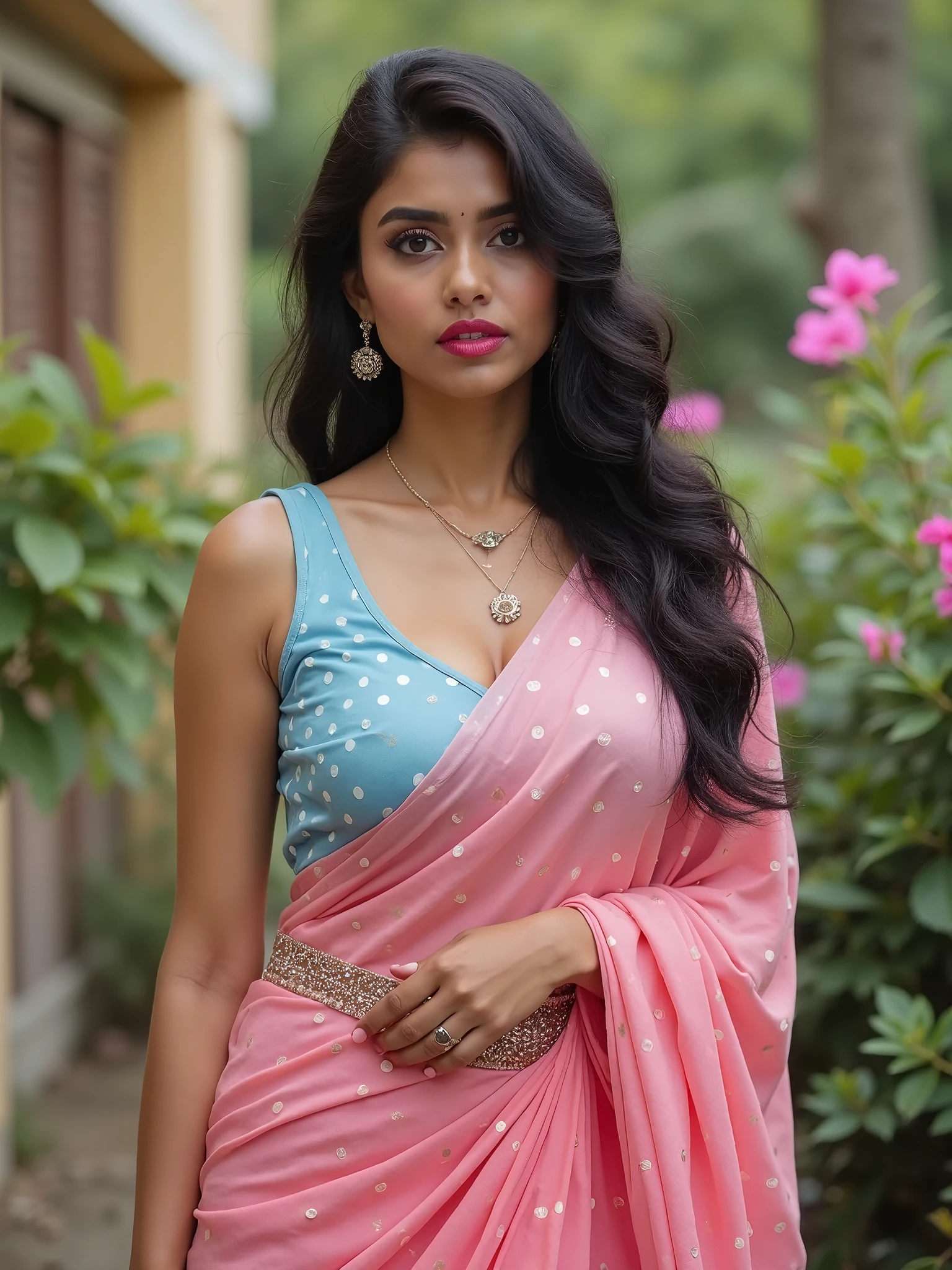 Generate a hot indian girl, sexy, realistic lovely cute young attractive indian girl, blue eyes, gorgeous actress, 19 years old, cute, an Instagram model, long hair, pink hair, Indian, weaaring tank top black, wearing bindi in forehead, ear rings,looking hot, hotel bedroom cinematic light, in room perfect light, full body view,,Indian realistic
