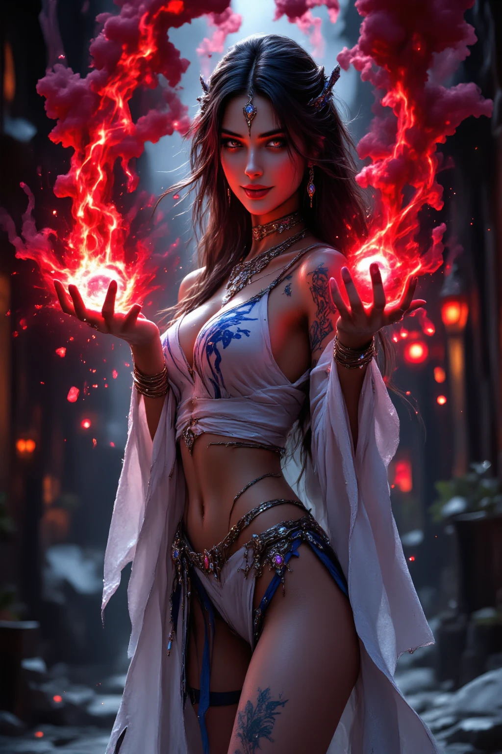 8K、Female demon with big breasts,(number々Award-winning masterpieces of、incredible detailing、textured、Maximum detail)、(hyper realisitic:1.4)、(reallistic:1.3)、(Upper Body Up:0.4)、(Top quality realistic textured skin)、(Elaborate perfectly symmetrical eyes)、Elaborate face、((medieval world))、((The Flame Devil of the Lord))、((The Fire Devil of the Lord's Hell))、(burning brightly、 Icy gaze)、(Full body like:1.6)、 (Horrific morphology)、(Eyes that glow red in the dark:1.5)、(A pair of red eyes emitting a strong red light from the inside:1.5)、(Swirling flames and flames in the background)、(dramatic light)、(A majestic sight)、(angry expressions)、Glass earrings in the ears、 (dramatic photography:1.4)、(dramatic pose)、(Golden hair)、(Silver)hair)、(maroon hair)、(Upturned hair)、((Downward-pointing hair)、(A simple necklace with exquisite workmanship around the neck)、(Bioluminescence with a brilliant glow:1.3)、(Fancy Flame Magic:1.2)、(Swirling flames)、 The Great Temple of the Devil、 Great Temple、 Great Temple、great cathedral、Temple ruins、Detached temple、(Luminous Magic Circle)、Ruins of the old castle、Shining majestic cloud masses and sky、lightning、Epic graphics、Faded、art by、(by Greg Rutkowski:0.8)、(teal and orange:0.4)、(art stations:1.5)、cinematic、((Neutral Color))、(HDR:1.5)、(Muted colors:1.2)、The ultra-detailliert、dramatic light、(intricate detailes:1.1)、the complex background、Sharply extended fangs,sharply elongated claws,