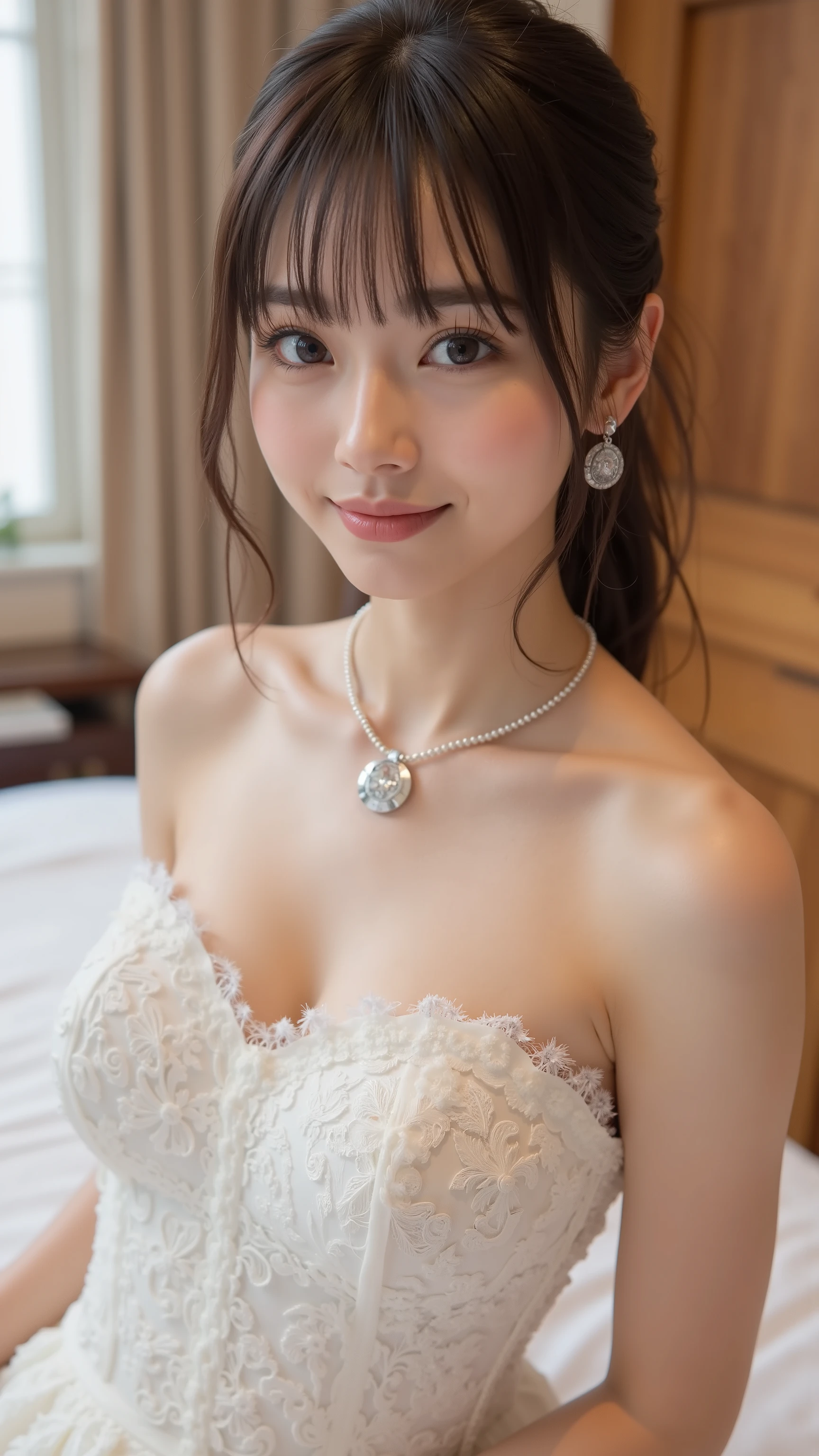 (((nsfw)))、 filling machine that divides Canadian、KAWAII、sex slave, bride, ( wedding veil :1.5),( tube top wedding dress:1.5), I'm taking off my dress, Moaning with pleasure, earrings, necklace, Western-style room , on the bed