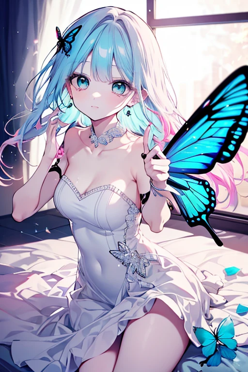Large butterfly, one wing black white, a wing colorful, Background blue sky